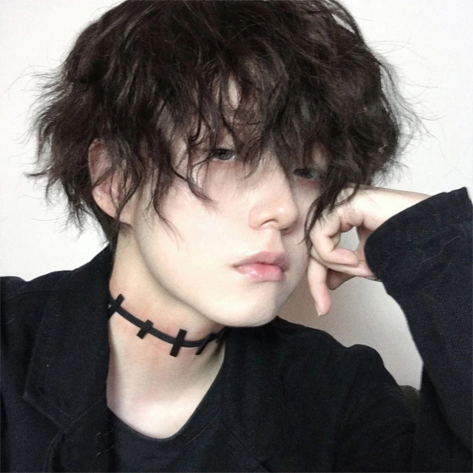 OLACARE Short Mullet Head Wigs with Bangs Synthetic Straight Anime Men Black White Gray Green Hair Wig for Daily Party Cosplay