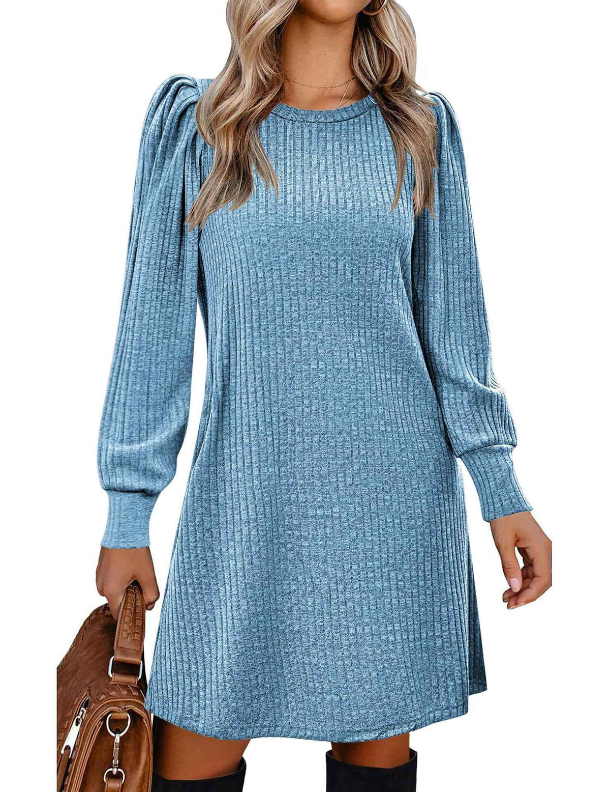 Y2K autumn and winter women's crew neck solid color sweater bubble sleeve fashion commuter dress comfortable casual loose dress