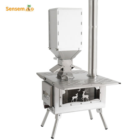 Hot Tent Wood Burning Stove Folding Stainless Steel 5-Section Chimney Outdoor Camping Wood Heater with Cooking Wing Panels