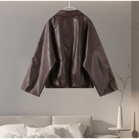 Street Stand Collar Women's Leather Jacket Loose Long Sleeve Zipper Pockets Chic Female Coats 2025 Autumn Winter Lady Outerwear