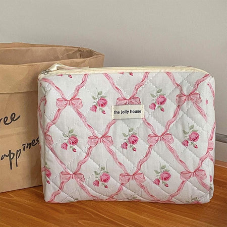 Cute Bow Flower Cloth Handbag Quilting Cotton Makeup Bag Women Zipper Cosmetic Organizer Portable Toiletry Case for Girls
