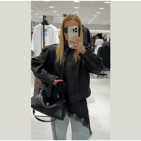 Street Stand Collar Women's Leather Jacket Loose Long Sleeve Zipper Pockets Chic Female Coats 2025 Autumn Winter Lady Outerwear