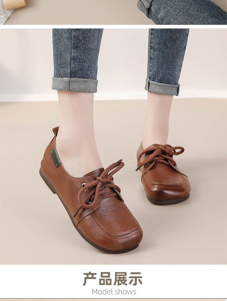 Vintage Plain Oxfords Shoes Women's Genuine Leather Flats Ladies Laced Up Moccasins Elderly Woman Square Toe Driving Loaferss