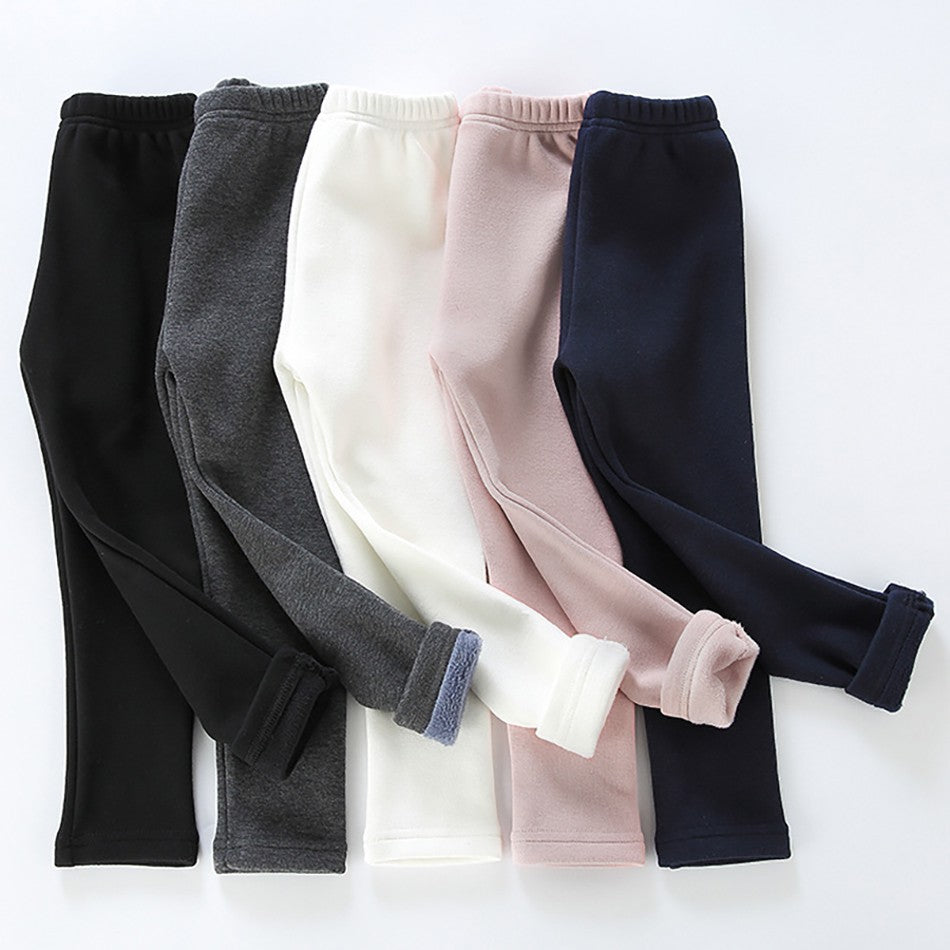 Girls Fleece-Lined Winter Thermal Pants Children Thickened Warm Soft Black White Gray Pink Outdoor Leggings for Kids Clothing