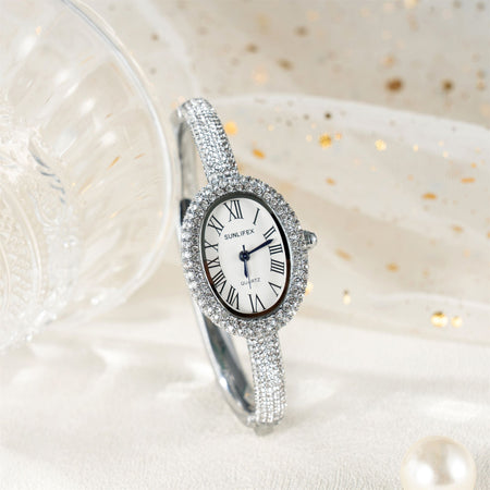 New Luxury Elegant ladies' Bracelet Wrist Watch Roman Numeral Inlaid Rhinestones Oval Waterproof Women's Quartz Watch Reloj