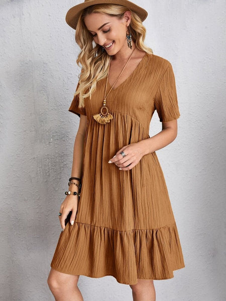 Women Elegant Short Sleeve V Neck Ruffles Dress Summer Casual Solid Loose Mini Dress Chic Bohemian Sundress Beach Party Vestidos