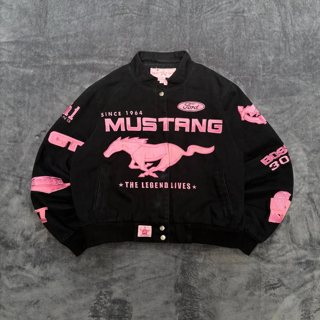 American Popular Simple Pink Horse Pattern Car Jacket for Women's Autumn and Winter Fashion Street Harajuku Y2K Bomber Jacket