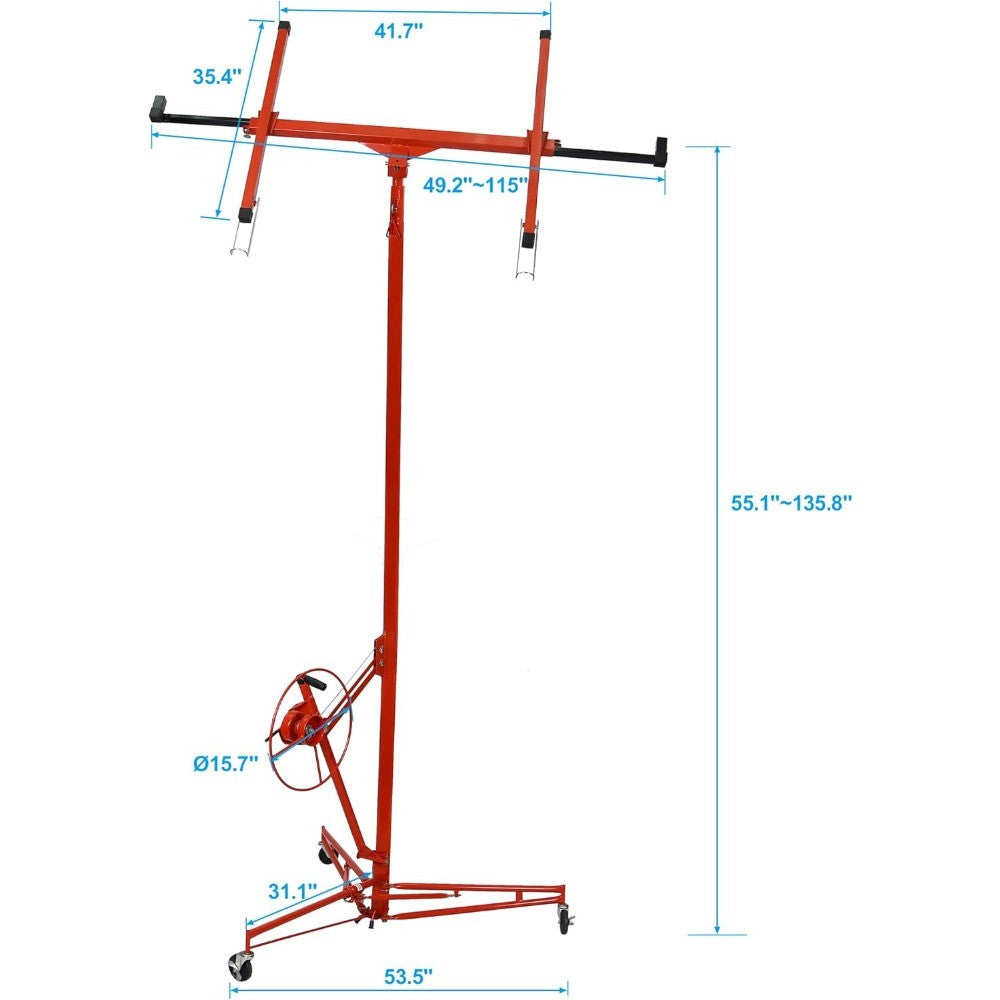 YC113 Drywall Lift Panel Hoist, 11 Ft (Max Height) Sheetrock Jack Lifter for Ceiling, Rolling Caster Wheels, 11', Red