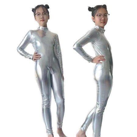 Kids Shiny Full Body Zentai Suit Metallic Tight Jumpsuit Halloween Cosplay Stage Performance Costume for Girls Boys