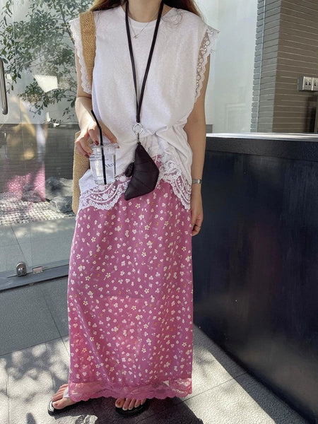 Ezgaga Skirts Women Elegant Floral Printed Lace Patchwork 2025 Summer Fashion Vintage Sweet Ladies Long Skirt Casual Chic