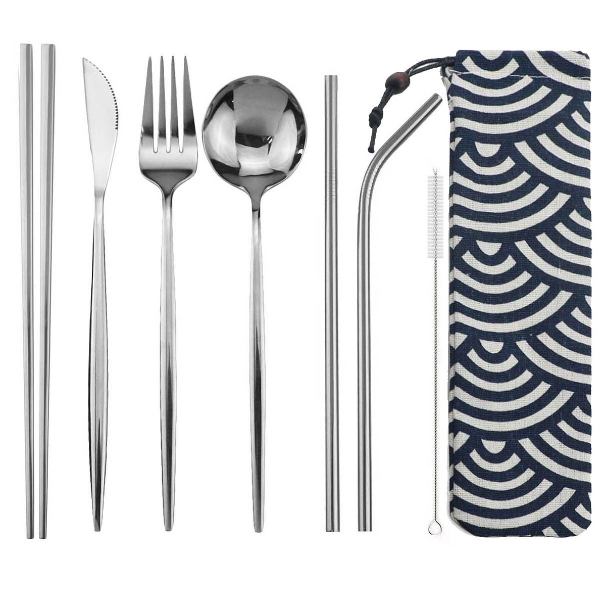 8pcs Portable Travel Knife Fork Spoon Chopsticks Straw Dinneware Set Blue Cutlery Set 304 Stainless Steel Silverware with Pouch