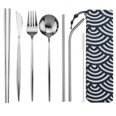 8pcs Portable Travel Knife Fork Spoon Chopsticks Straw Dinneware Set Blue Cutlery Set 304 Stainless Steel Silverware with Pouch