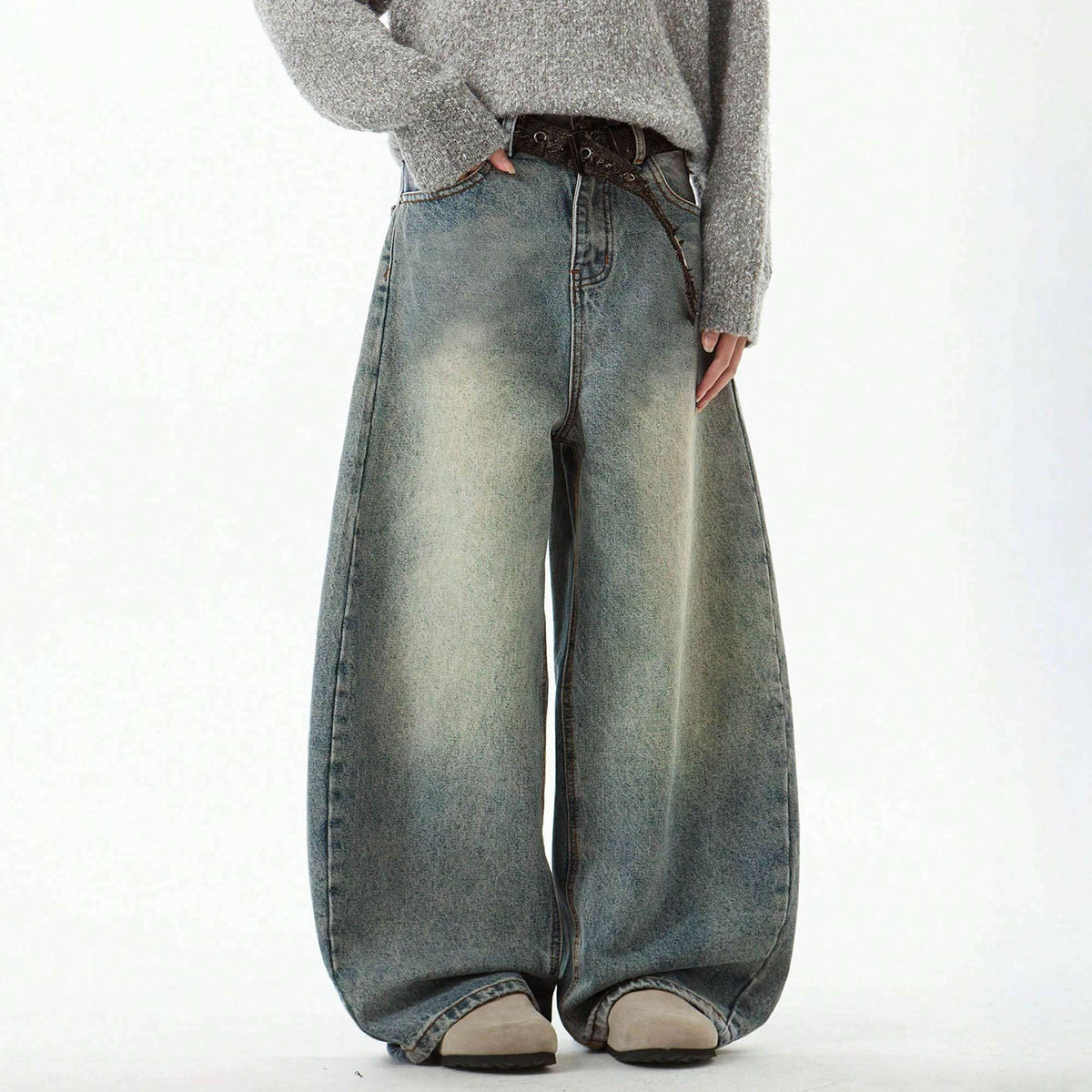 Men's Wear Blue Wide-Leg Denim Pants Baggy Jeans Vintage Three-Dimensional Cut Curved Knife Jeans Loose Fit Summer New Trend