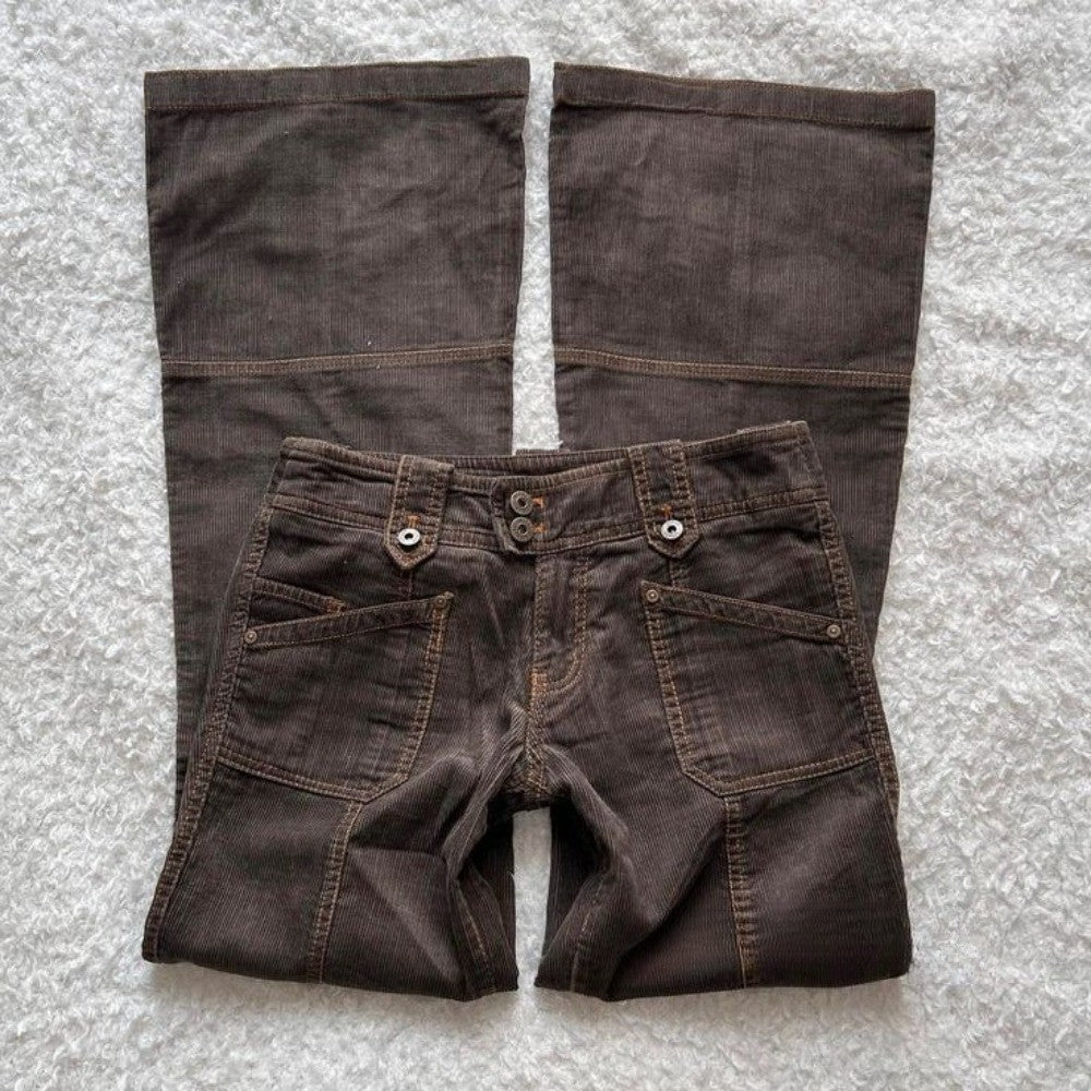 Y2K Brown Flared Jeans Womens Clothing Goth Retro Multi Pockets Low Rise Denim Trousers Harajuku Hot Girl Sexy Slim Jean Pants