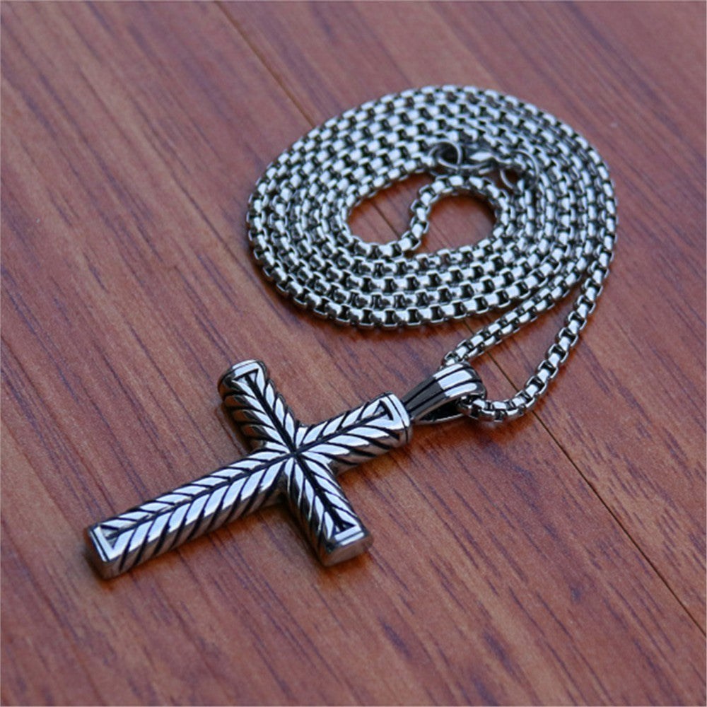Twisted Pattern Cross Pendant Necklace Retro Simple Stainless Steel Chain Silver Color Hip Hop Jewelry Gifts For Women Men