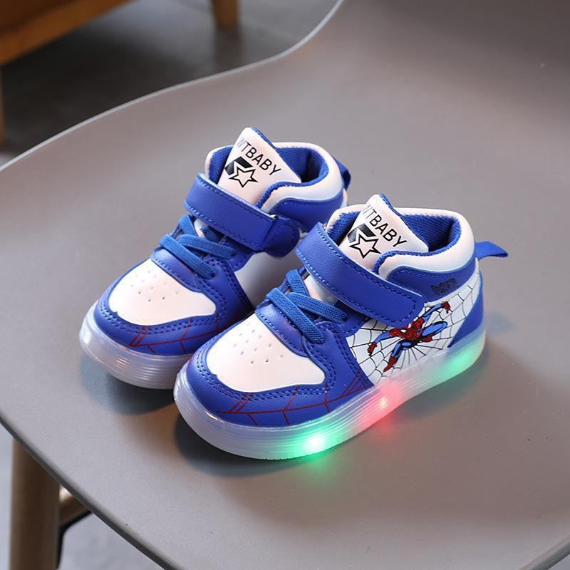 Disney Children's Sneakers Boys Girls Spiderman Led Light Sport Shoes Student Shoes Hook Anti-slip Kids Outdoor Basket Shoes