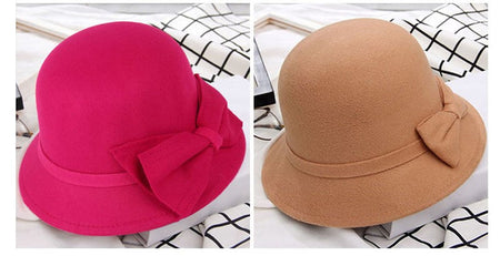 2022 Autumn Winter Fedoras Women Hat Elegant Vintage Bowknot Wool Ladies Hat Dome Felt Wedding Church Jazz Cap Female Bow Bowler
