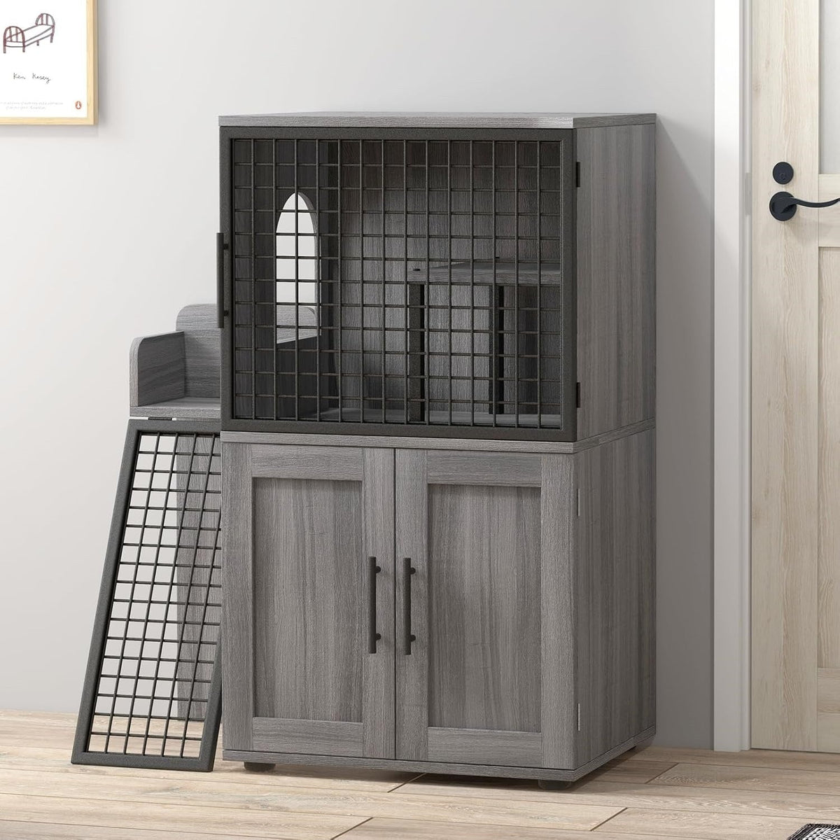 Cat Litter Box Enclosure with Platform,Double Layer Cat Litter Hidden Furniture,Cat Washroom Furniture,Cat House with Ladder
