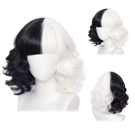 Half-Black And Half-White Cruella Cosplay Synthetic Hair 12-Inch Short Curly Hair Halloween Daily Party With Bangs Wig