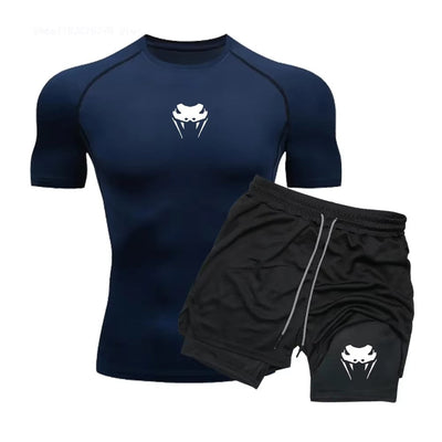 Men Compression Athletic Fitness Wear - Quick-Dry Tight Short-Sleeve Anime Double-Layer Shorts Summer Set Fitness Running Set