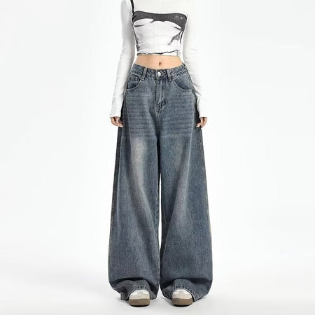 Retro High Waist Wide Leg Jeans Women Summer New plus Size Loose Slimming Pear ape Straight Leg Pants Casual Waed Blue