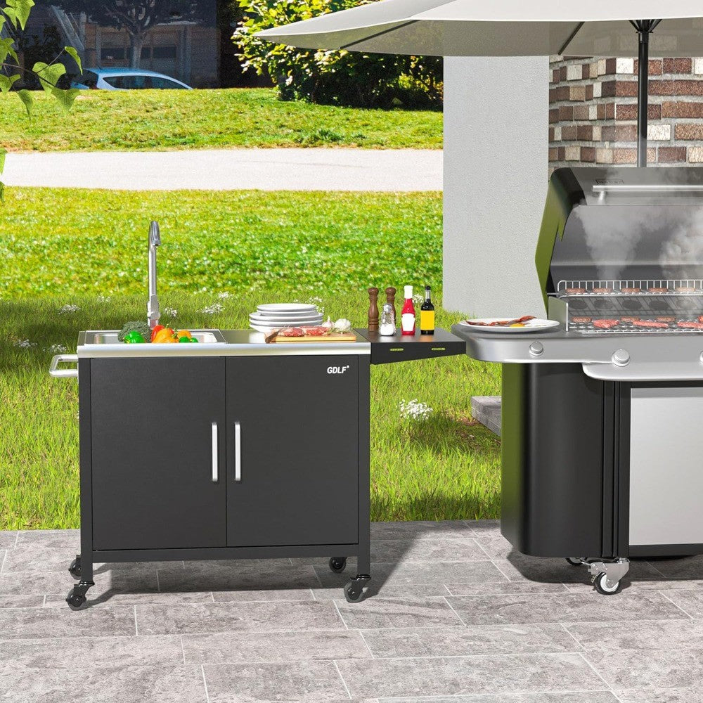outdoor grill table with sink,metal grill cart, outdoor kitchen island with stainless steel sink,l57*w21.65