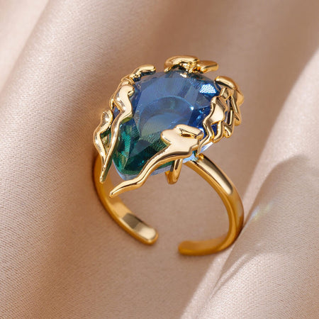 Luxury Stainless Steel Rings Gold Plated Colorful Stone Zircon Crystal Heart Ring For Women Wedding Boho Jewelry Christmas Gift