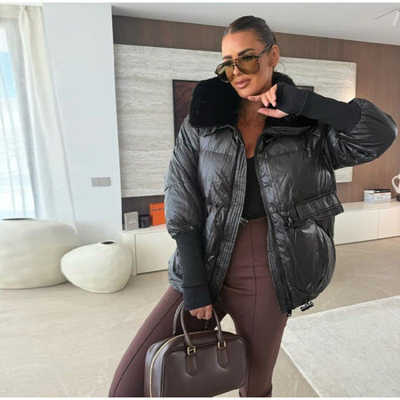 Vintage Women's Fur Coat Elegant Furs Collar Puffer Thicken Full Sleeve Jacket With Furs Female 2025 Autumn Winter Woman Coats