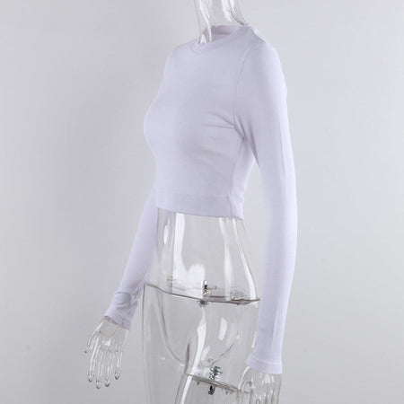 O Neck Long Sleeve Shirt Women Ribbed Sexy Cropped Tops 2024 Spring Black Casual Skinny Slim Basic Woman T Shirts White
