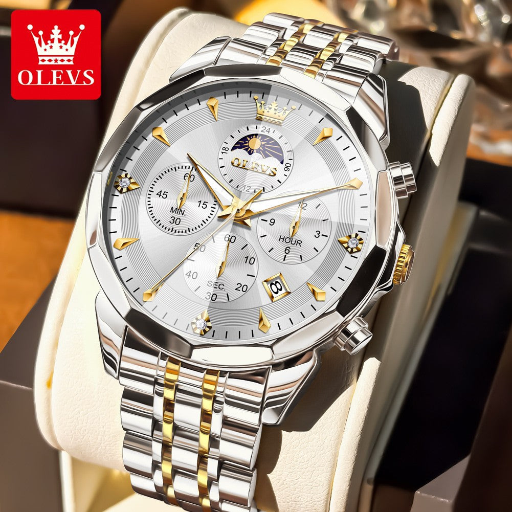 OLEVS Original Fashion Moon Phase Men's Watches Waterproof Chronograph Quartz Watch Stainless steel Calendar Brand Wristwatch