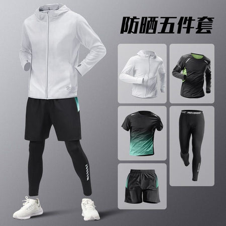 5pcs Men's Lightweight Summer Ice Silk Athletic Set Quick-Dry Running Clothes Outdoor Kit Cycling Fitness Men's Sportswear Set