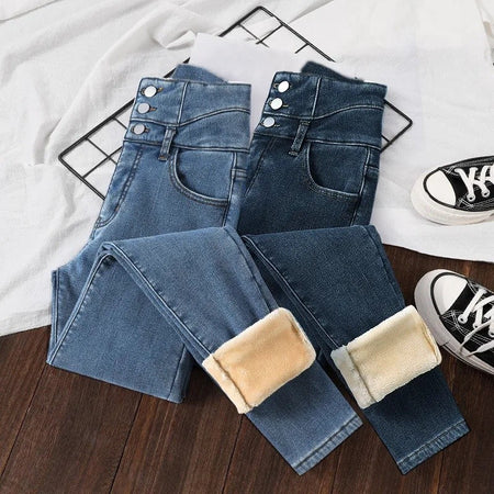 Winter Thick Velvet Women High Waist Skinny Jeans Simple Fleece Warm Slim Fit Stretch Ladies Casual Slim Denim Pencil Pants Y2K