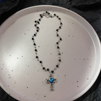 Trendy Punk Blue Cross Pendant Sliver Color Chain Necklace For Women Men Fashion Gothic Y2K Charms Hip Hop Jewelry Accessories