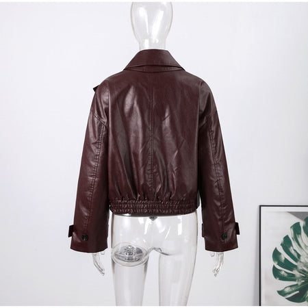 Street Stand Collar Women's Leather Jacket Loose Long Sleeve Zipper Pockets Chic Female Coats 2025 Autumn Winter Lady Outerwear