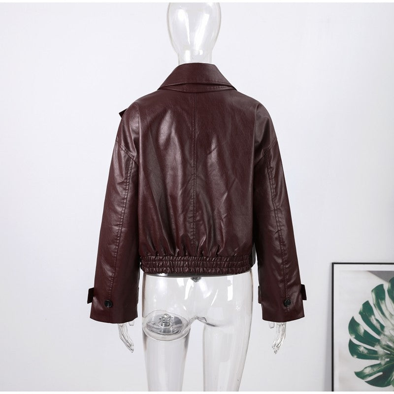 Street Stand Collar Women's Leather Jacket Loose Long Sleeve Zipper Pockets Chic Female Coats 2025 Autumn Winter Lady Outerwear