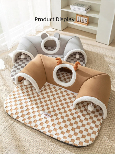 Winter Indoor Warm Plush Cat Bed with Reindeer Appearance Hide and Seek Cat Tunnel Play and Sleep Integrated Cat House Pet Nest