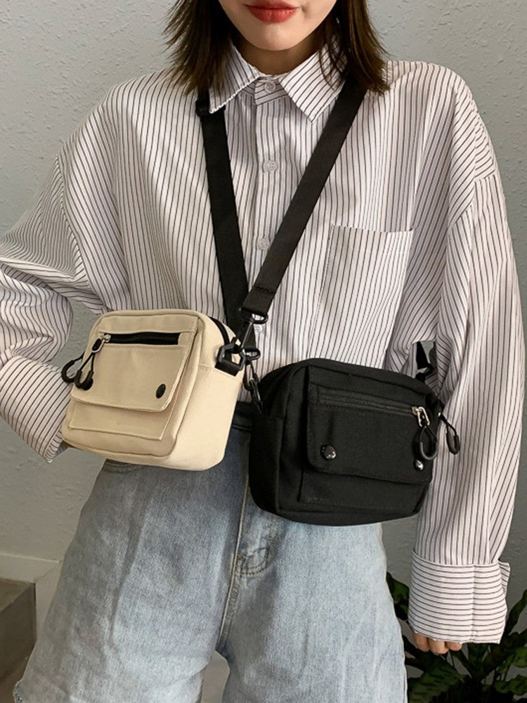 Women Canvas Handbags Korean Mini Student Bag Cell Phone Simple Small Crossbody Casual Ladies Zipper Shoulder Bag