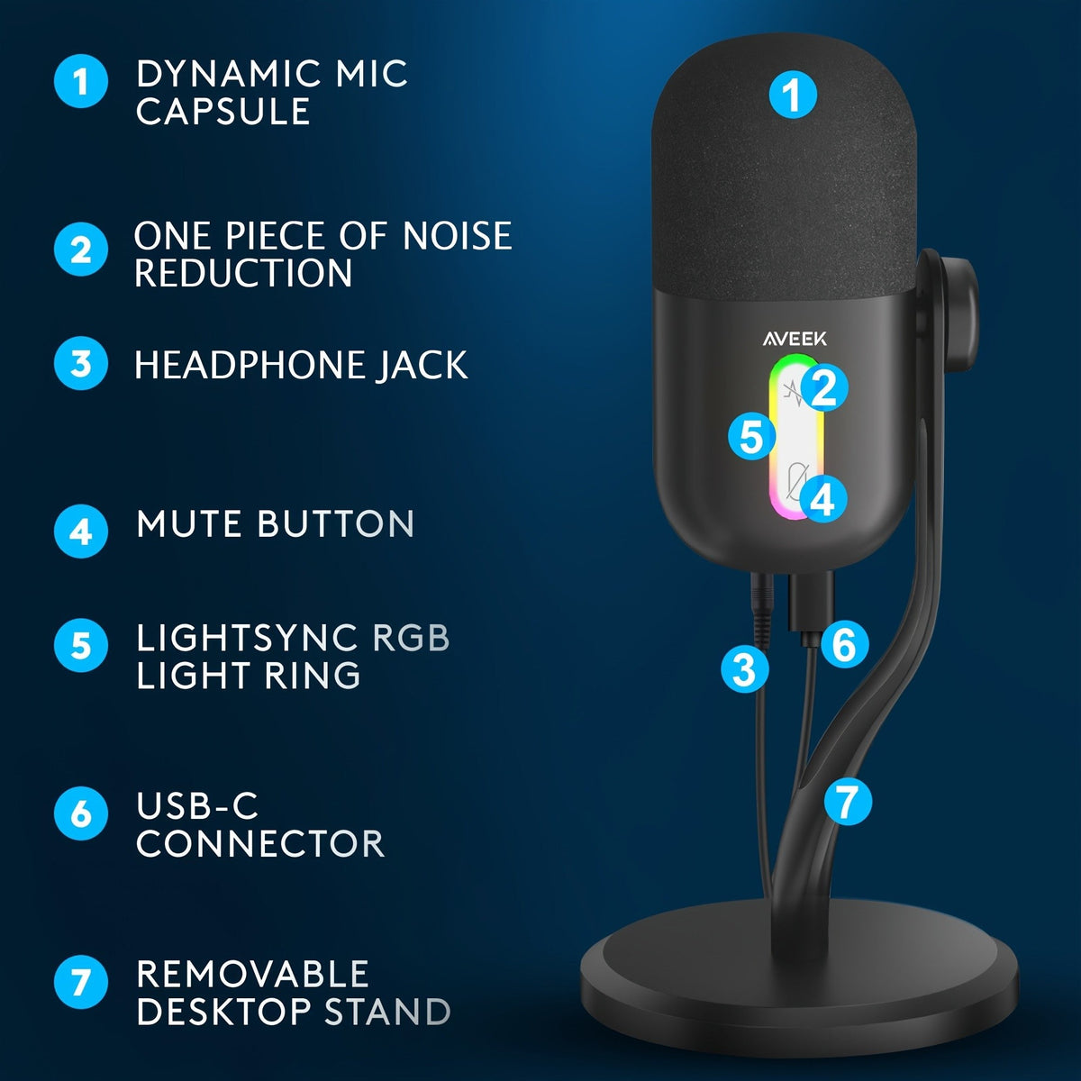 Aveek USB Condenser Microphone, Gaming Studio Microphone Mic For PC, PS4, PS5 And Mac, Tap-to-Mute Sensor, Noise Cancelling RGB