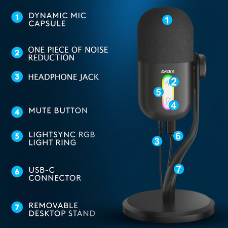 Aveek USB Condenser Microphone, Gaming Studio Microphone Mic For PC, PS4, PS5 And Mac, Tap-to-Mute Sensor, Noise Cancelling RGB