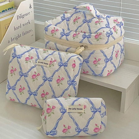 Cute Bow Flower Cloth Handbag Quilting Cotton Makeup Bag Women Zipper Cosmetic Organizer Portable Toiletry Case for Girls