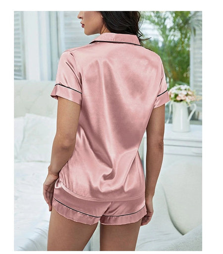 Luxurious Satin Pajama For Women Turn-down Collar Button Top & Shorts Sleepwear & Loungewear for Summer Home Clothes Suit