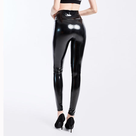 Push Up Women Black Leggings High Waist Elastic PU Leather Skinny Pants Shiny Wet Look Metallic Latex Ankle-Length Bottom