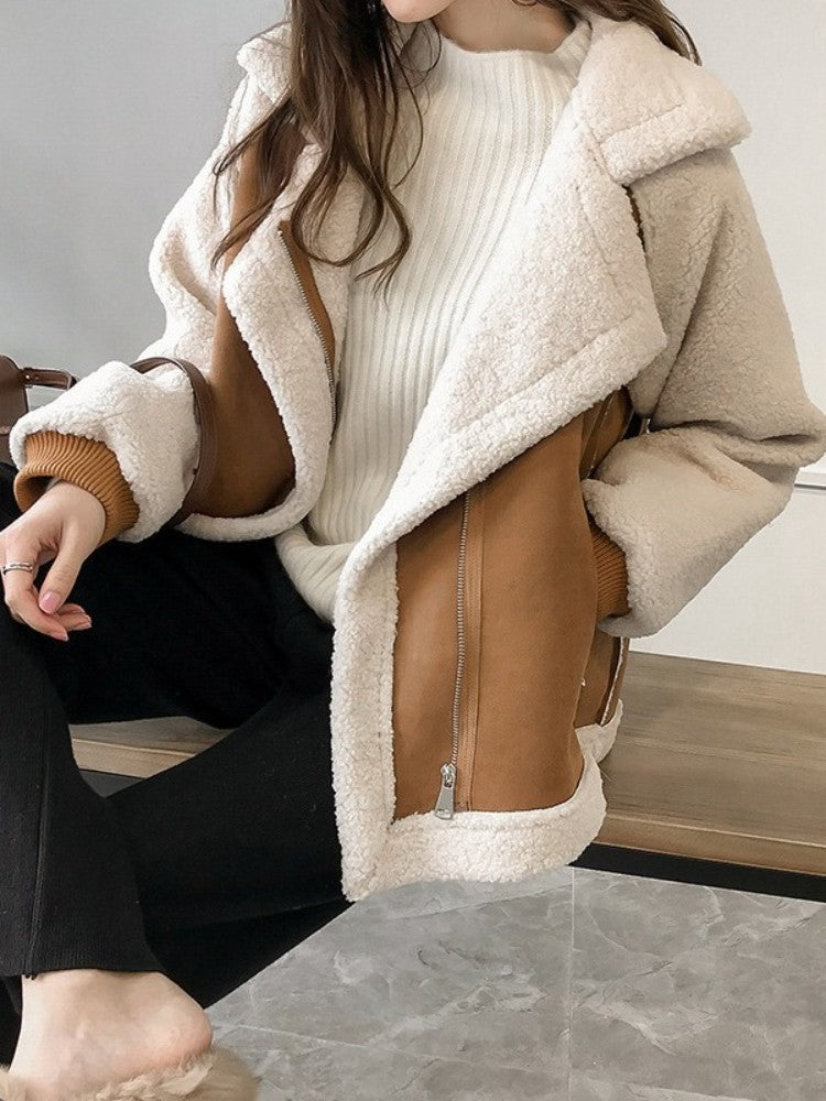 Autumn Winter New in Loose Retro Fur Integrated Suede Jacket Women's Short Casual Warm Lamb Fleece Motorcycle Jacket Tops