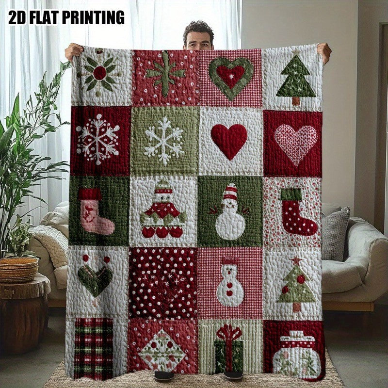 1pc Festive Christmas Quilt Squares Print Flannel Throw Blanket - Cozy Holiday Design with Santa Hats Hearts and Snowflakes