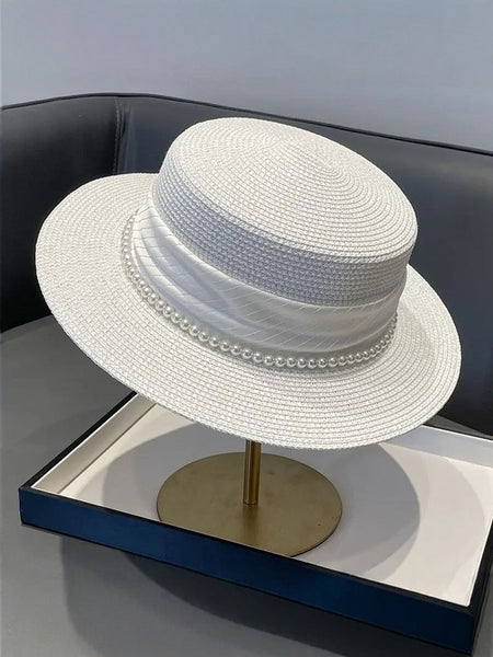 2025 Summer Elegant Pearl Chain Flat Sun Hats for Women Chapeau Feminino Straw Hat Panama Wide Brim Anti-UV Beach Cap Girl Topee