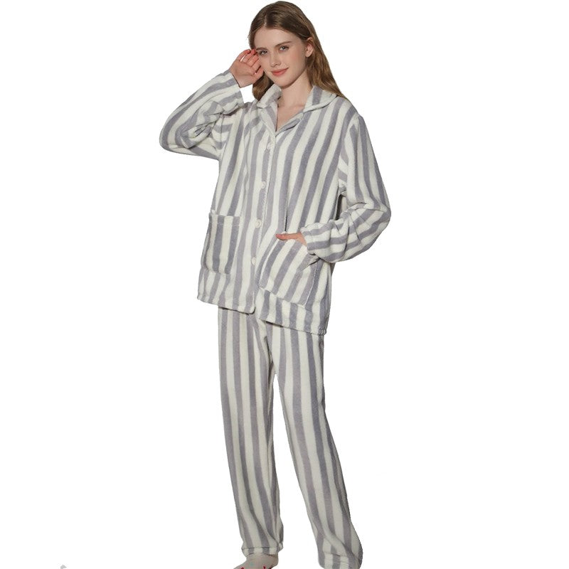 2-piece set of women's pajamas autumn and winter flannel striped long sleeved pants set thick cardigan home clothes