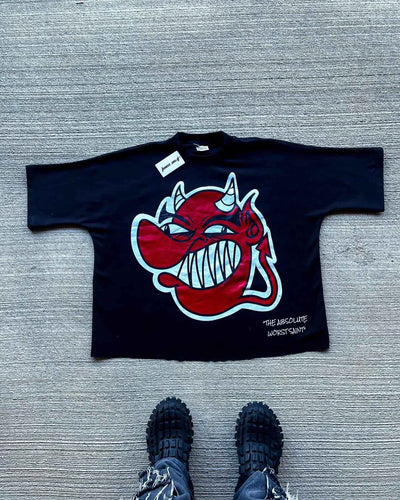 American Hip-hop Anime Print Oversized T-shirt Men Retro Trendy Streetwear Top Pure Cotton Round Neck Casual Loose Short Sleeves