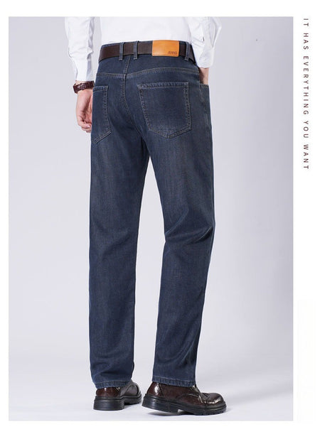 Men's Fleece Straight Leg Jeans Winter Thick Warm Business Casual Velvet Pants Elastic Loose Trousers Outdoorwear
