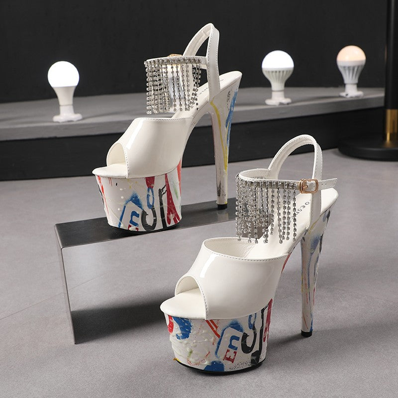 17CM Summer Shoes Women luxury Sandals Platform Ladies Shoes Stripper Womens High Heels Geometric Fluorescent Night light Heels