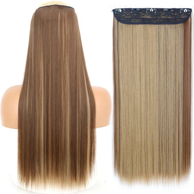 Long Straight Hairstyle 5 Clip Natural Hair Extension Synthetic Fiber Heat-Resistant Hairpiece 22"32" Black Brown Blonde